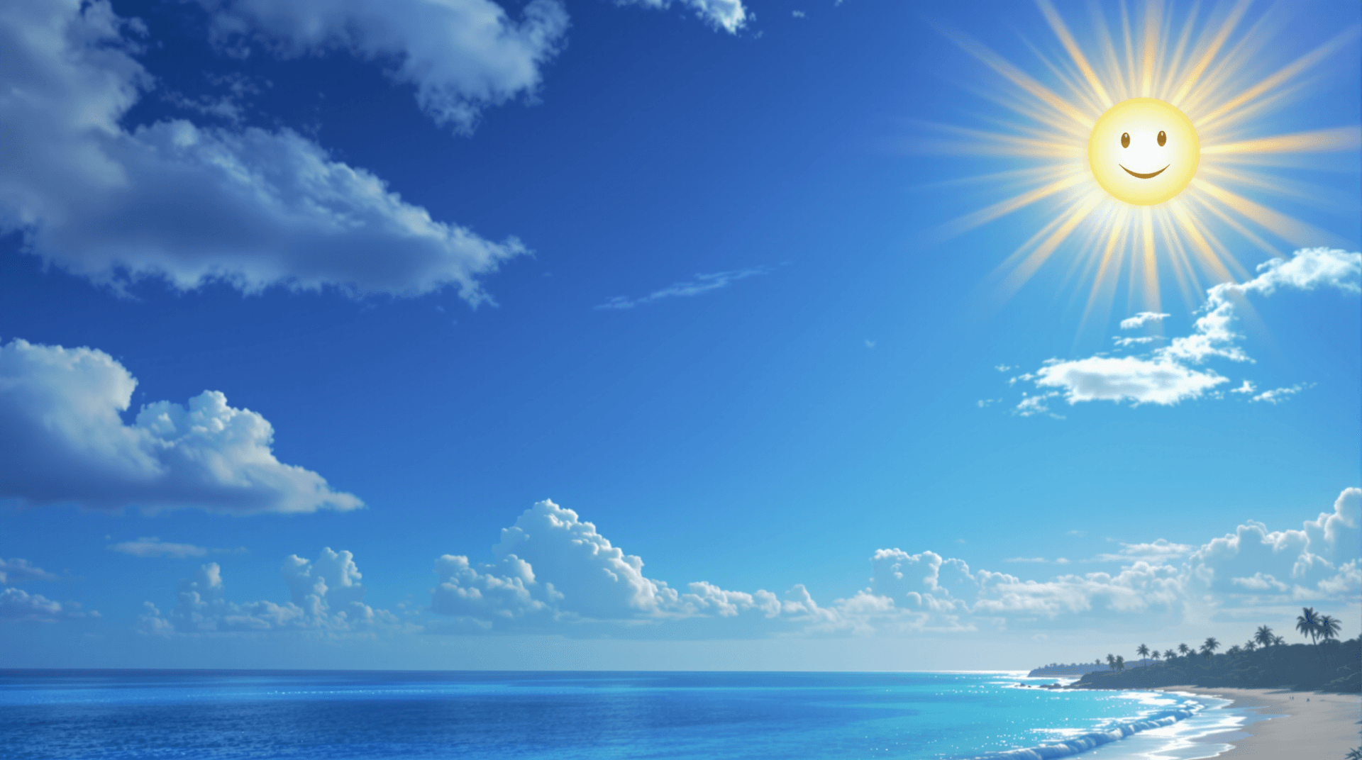 AI generated: The sun shining without clouds over a tropical coastline, the sun has eyes and lips like a smily emo...