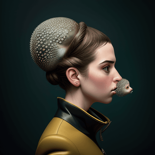 AI generated: man profile wearing a puffer fish on her face, in the style of nicolas bruno, surreal comic scenes, ...
