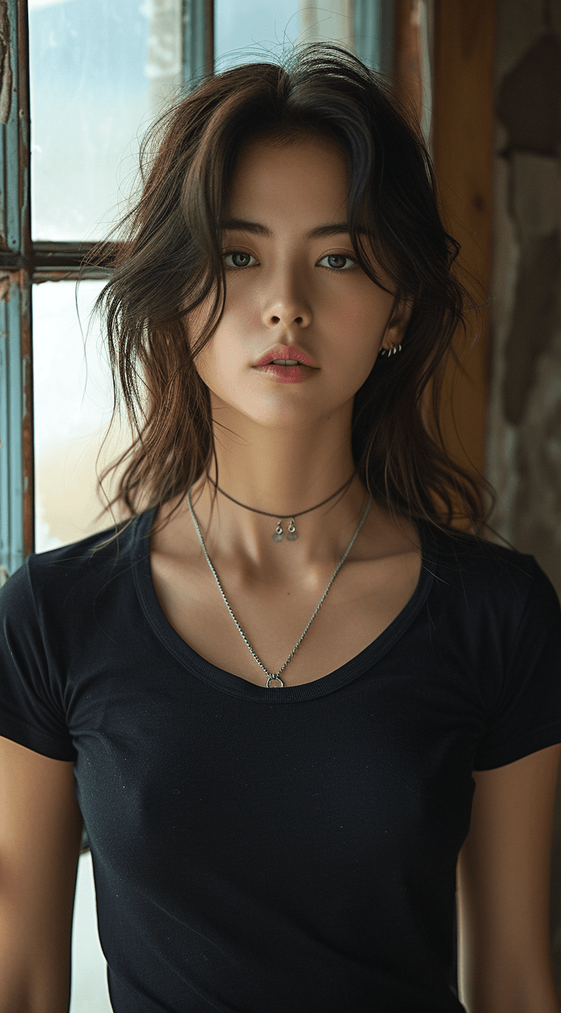 AI generated: woman in a black tshirt, in the style of sterling silver highlights, samyang af 14mm f/2.8 rf, reali...