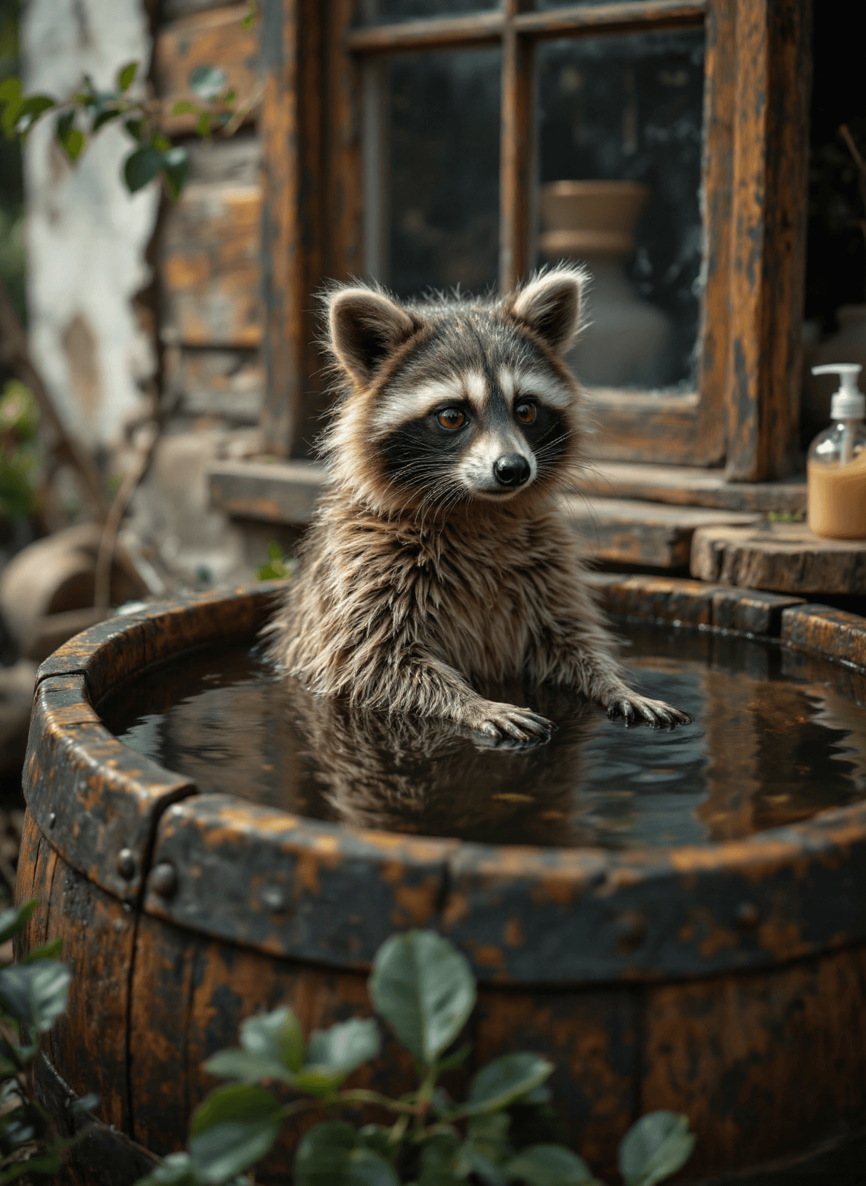 AI generated: The image depicts a young raccoon leaning inside a wooden barrel filled with water. The raccoon is p...