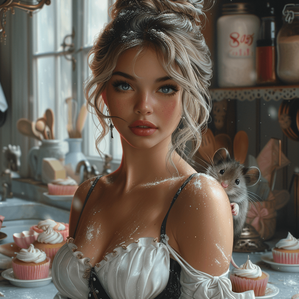 AI generated: dark blonde hair, cute mice, pink cupcake