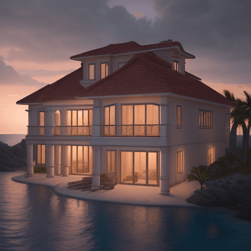 AI generated: a 4k ultrarealistic photorealistic seaview mansion, during slightly cloudy evening and sunset. The h...