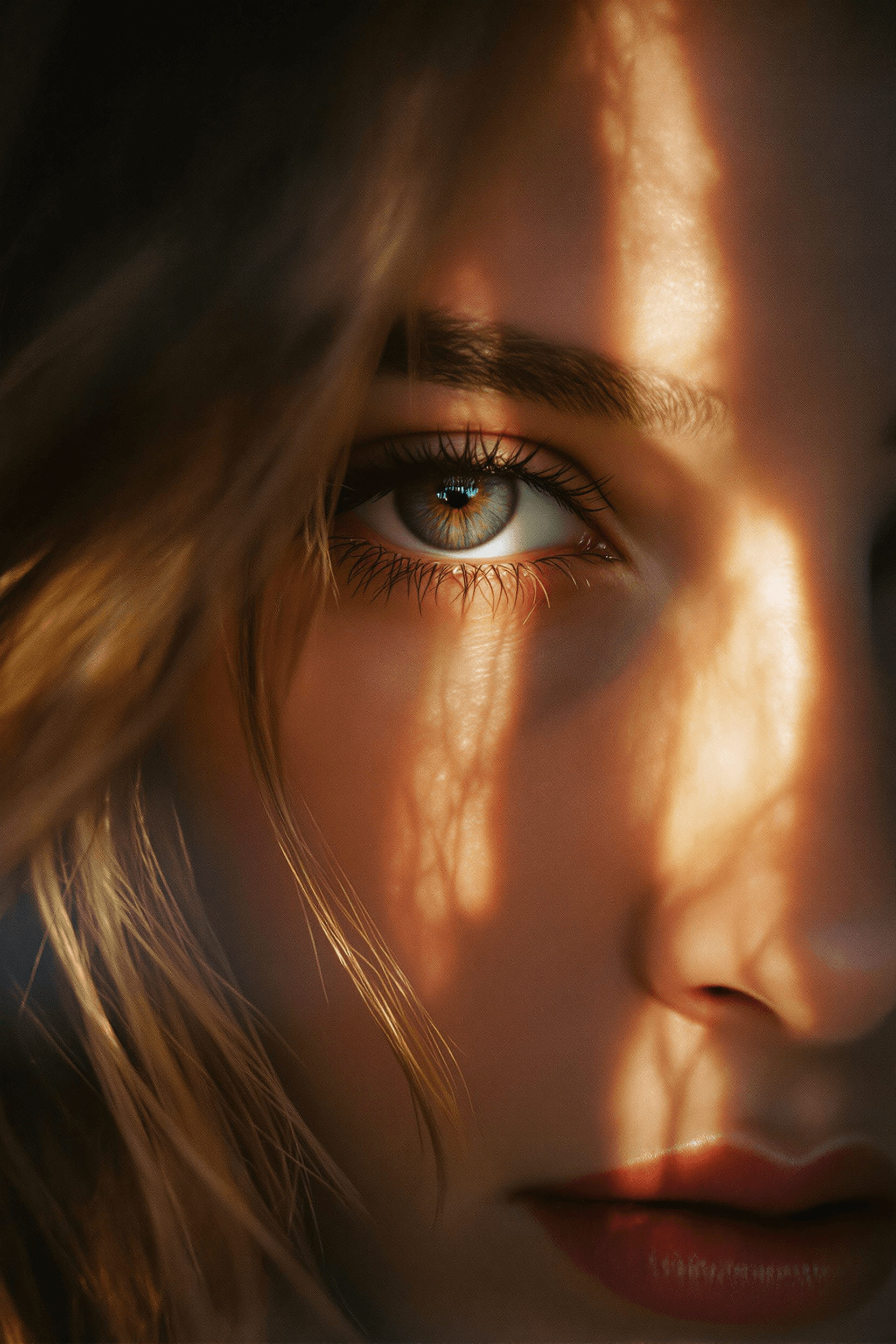 AI generated: Close-up portrait of a woman, her face lit by the soft glow from outside the window, her eyes reflec...