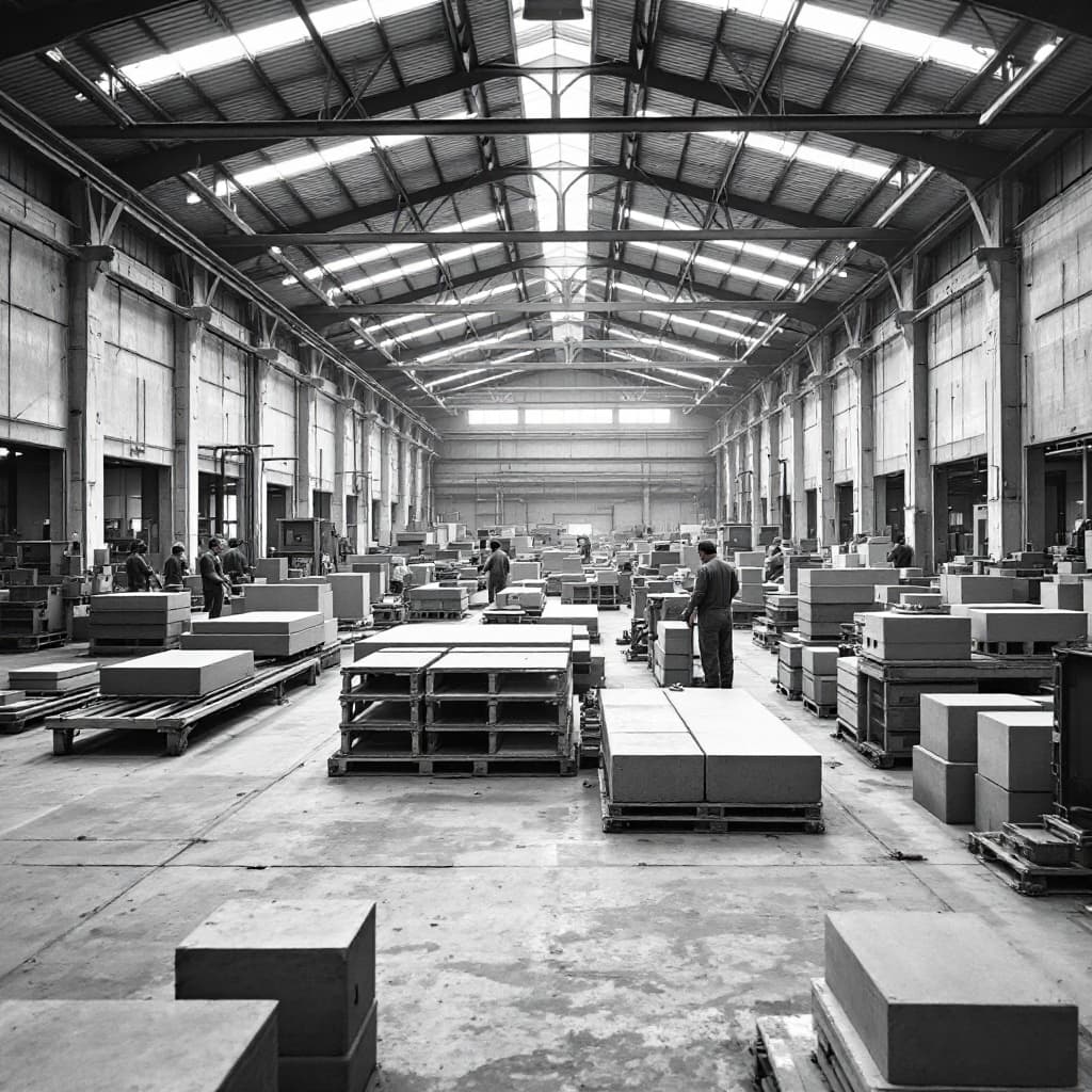 AI generated: production hall interior with machines manufacturing precast concrete elements from recycled concret...
