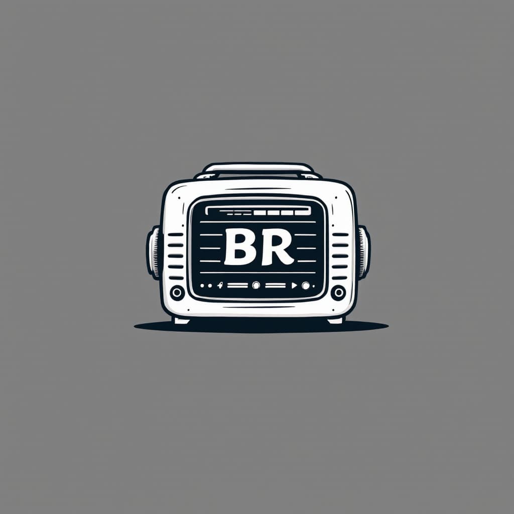 AI generated: logo simple white and grey style an old vintage radio slightly cartoonish with the text BR in a clas...