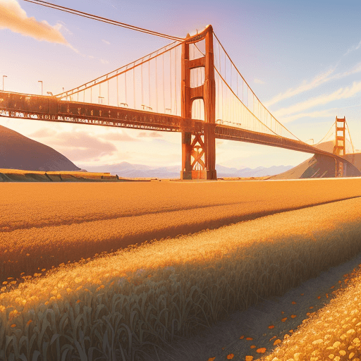 AI generated:  wide shot of the Golden Gate Bridge a clear blue sky, white clouds in the background, under the war...