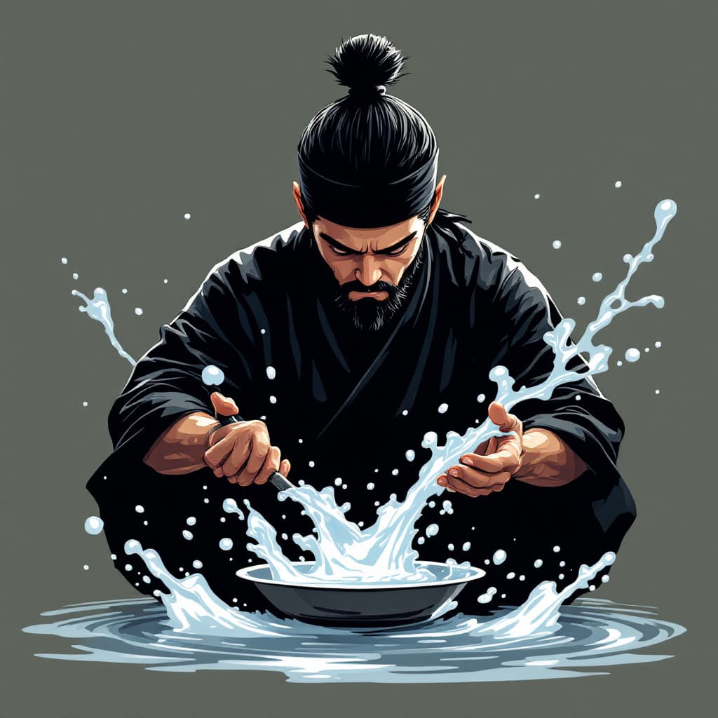 AI generated: A ninja chef cook symbolizing water, in the style of Takeshi Murata --ar 1:2 --personalize 2gwf1qc -...