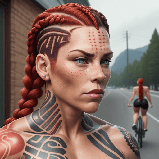 AI generated: Hyper-realistic eye level exterior photo of women with red braided hair and an undercut. muscles, fr...
