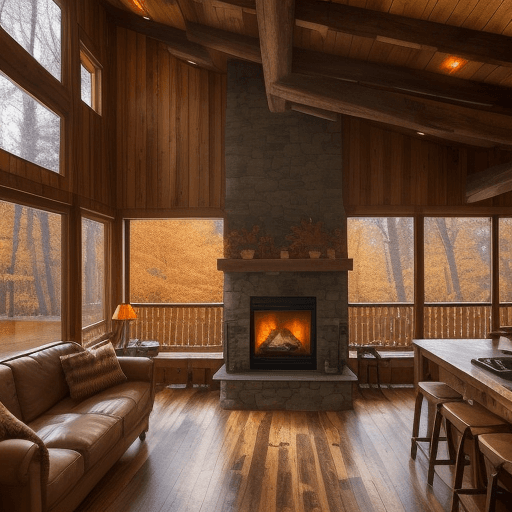 AI generated:  beautiful photograph rustic modern cabin in the woods autumn leaves, lake roaring fireplace people ...