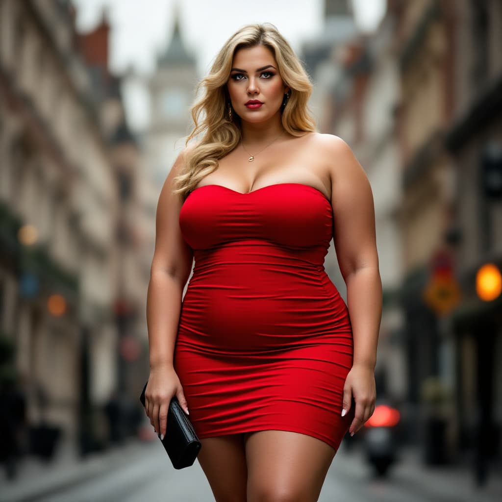 AI generated: A British blonde woman, her hair cascading in soft waves over her bare shoulders, standing with conf...