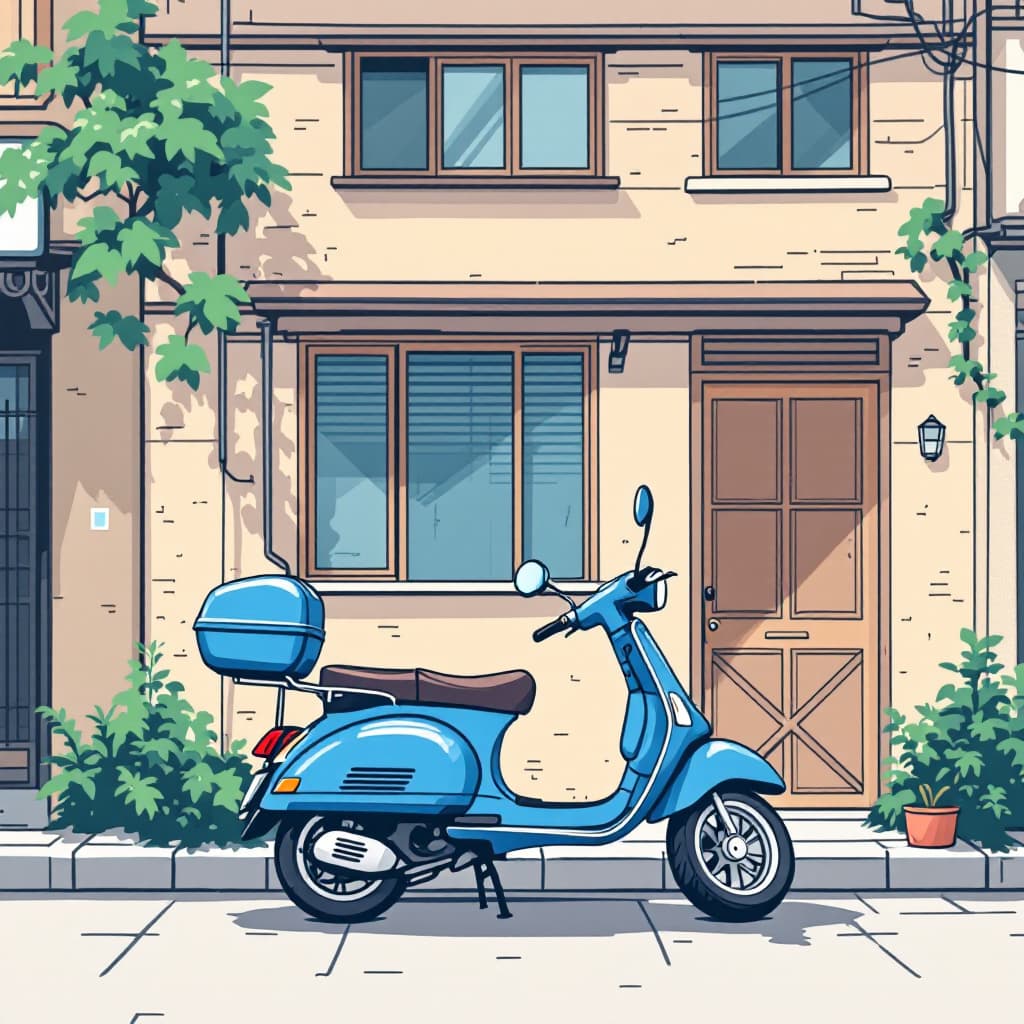 AI generated: A blue moped parked in front of an old building with windows, flat graphic novel illustration in the...