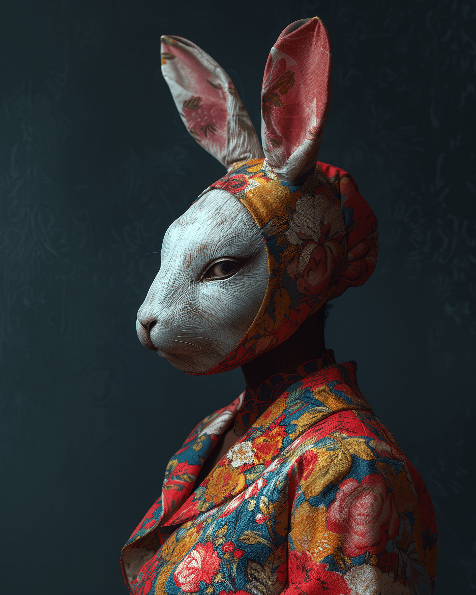 AI generated: a girl wearing a colourful rabbit mask, in the style of moody neo-noir, matte photo, alastair magnal...