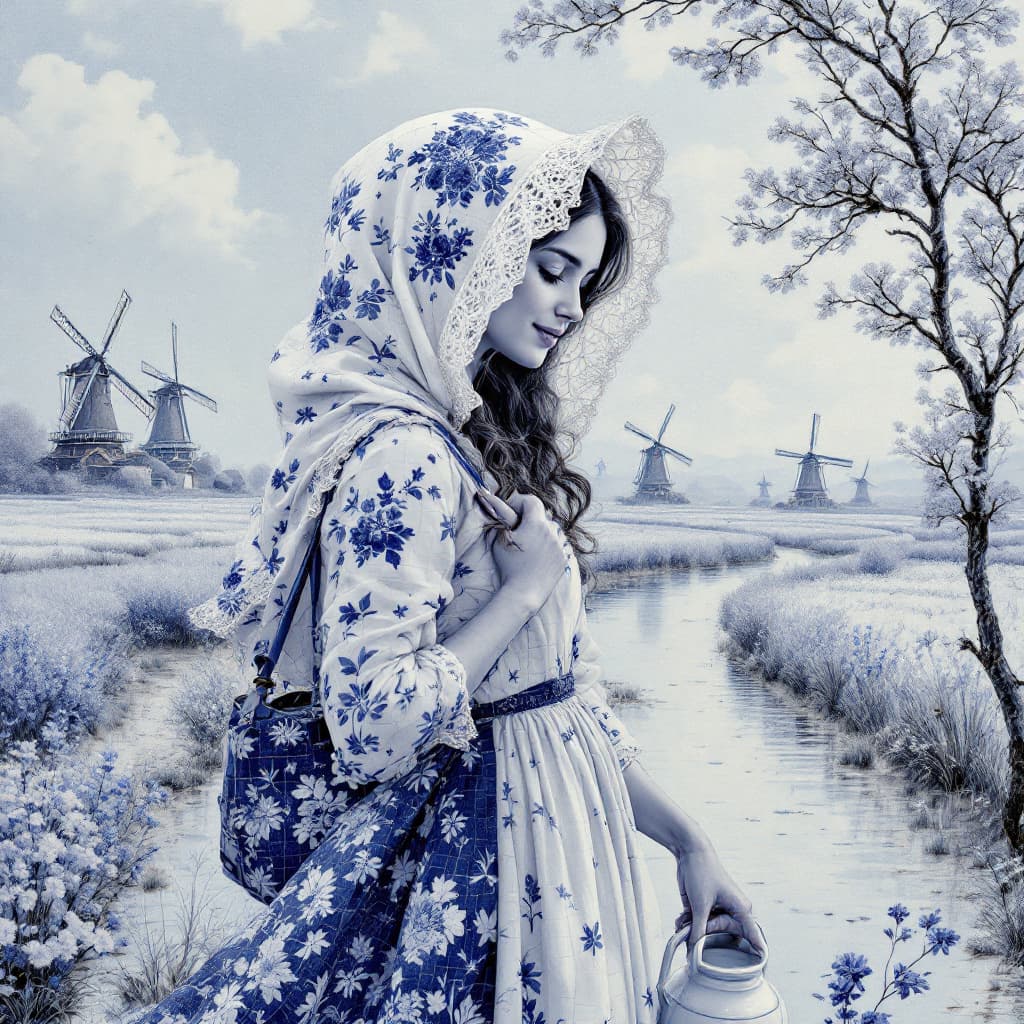 AI generated: a drawing of a beautiful Dutch girl with a hint of a smile and a white "Frau Antje" hood made of Dut...