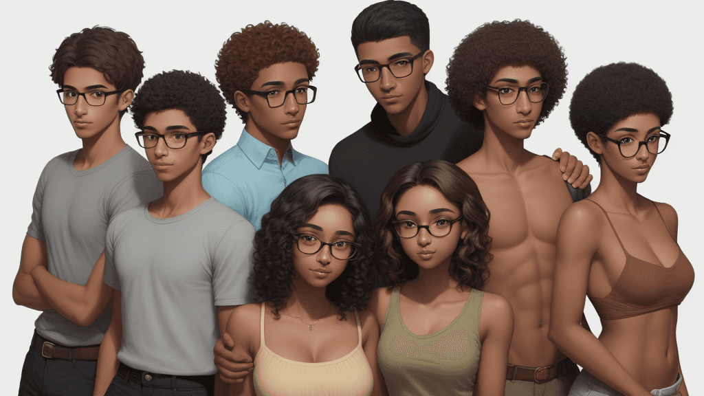 AI generated: A group of friends. Name Raka is a handsome young man full of authority, brown skin, short hair, gla...