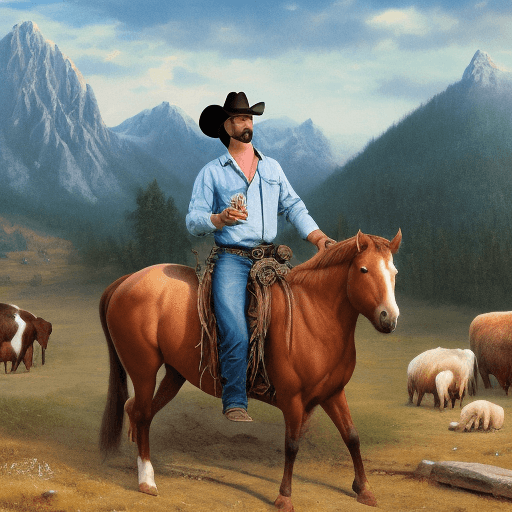AI generated: Photo of a cowboy holding a glazed donut,  sitting on a horse looking over a herd of buffalo with mo...