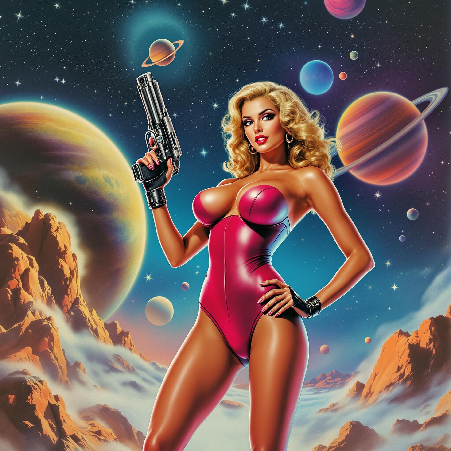 AI generated: 1960s pinup art poster, a confident woman with large breasts in a form-fitting spandex bodysuit, str...