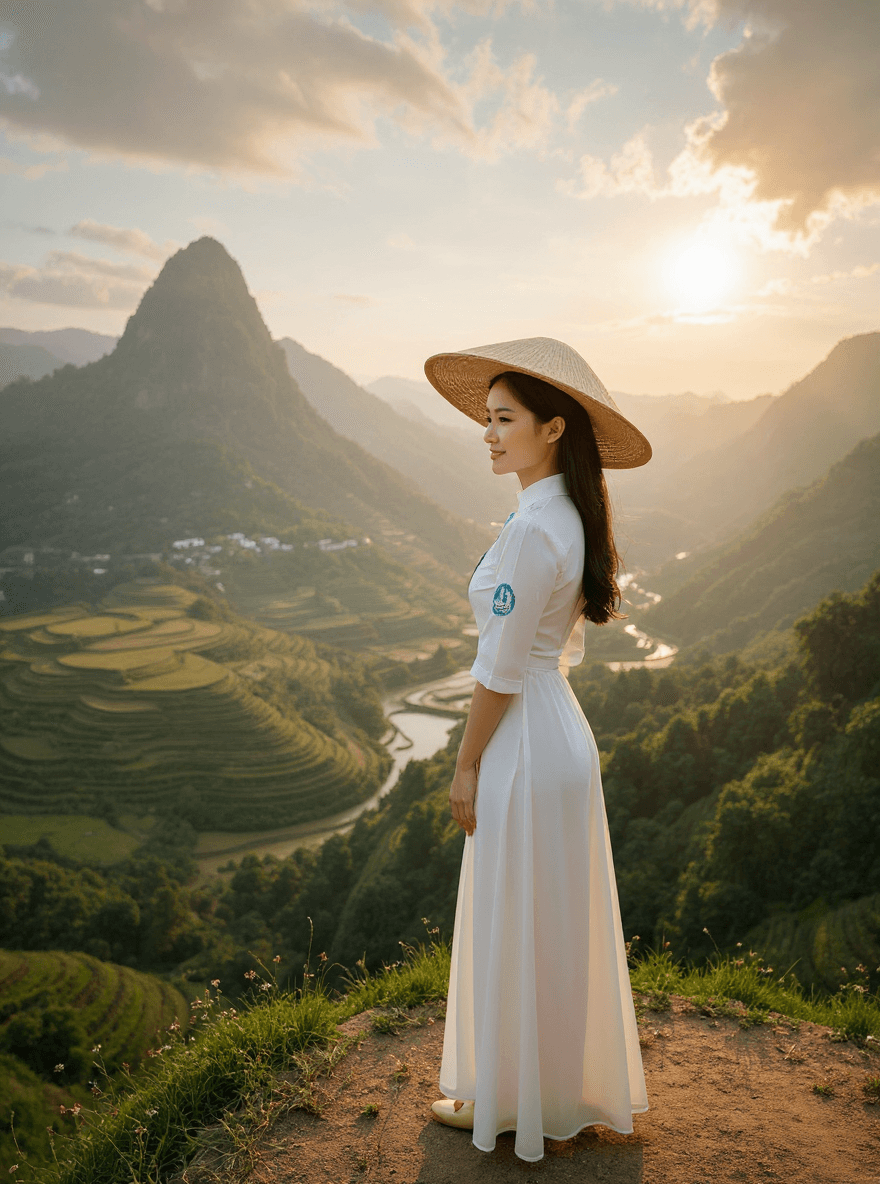 AI generated: A young Vietnamese woman wearing a flowing white áo dài and conical hat, standing on a high cliff ov...
