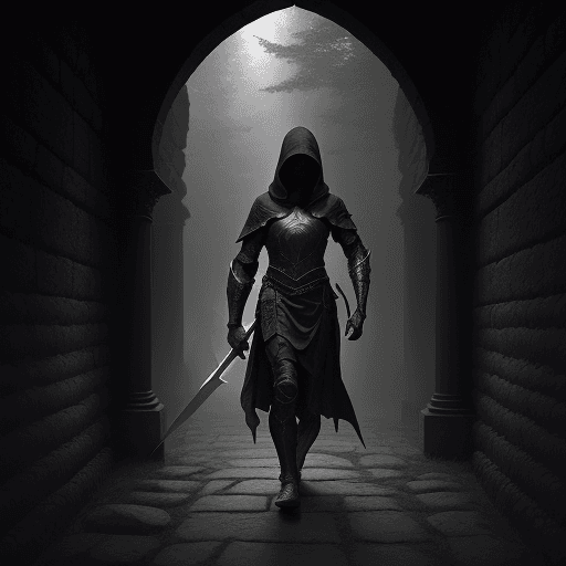 AI generated: The photo shows a figure in dark armor and hood holding a demonic looking sword and walking through ...