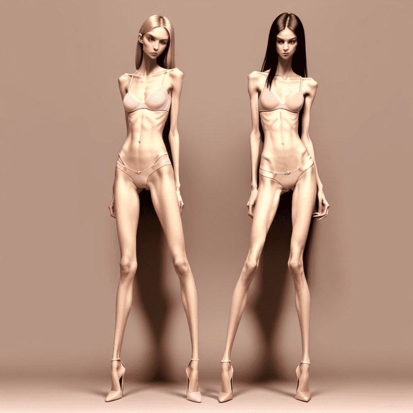 AI generated: photo of two an extremely skinny, flat-chested model with extreme long and skinny legs with extreme ...