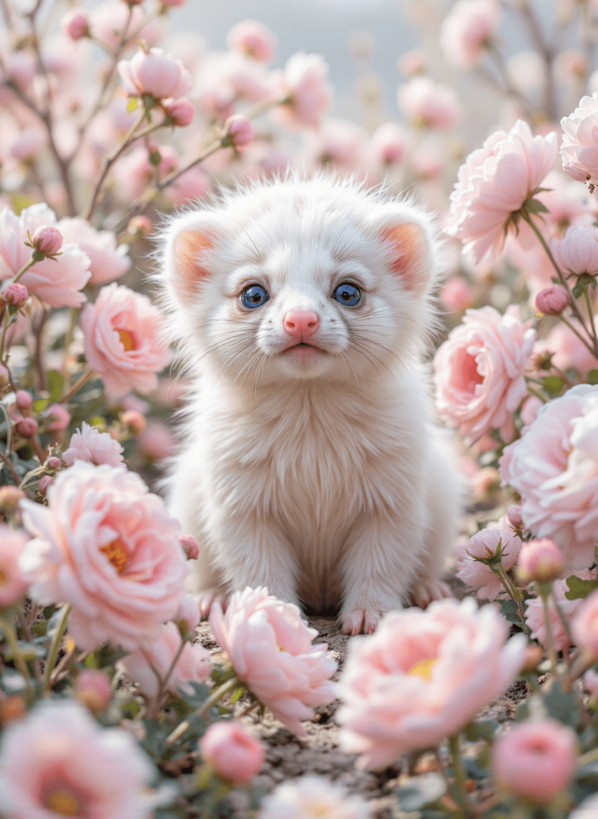 AI generated: The image depicts a small, white, fluffy animal, likely a baby ferret or a similar small mammal, sit...