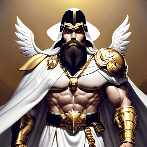 AI generated: A muscular man with a long black beard wearing  white armor with a golden chain from the left should...