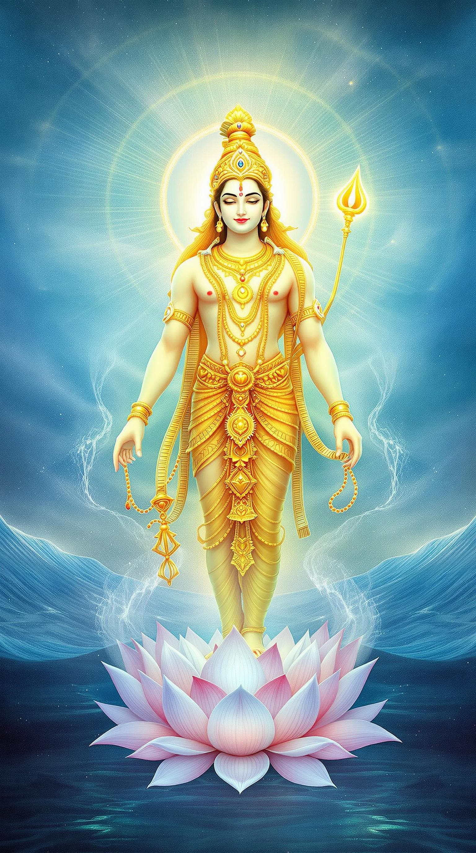 AI generated: Hindu deity, Vishnu, with a serene and compassionate expression, depicted in a radiant golden form, ...