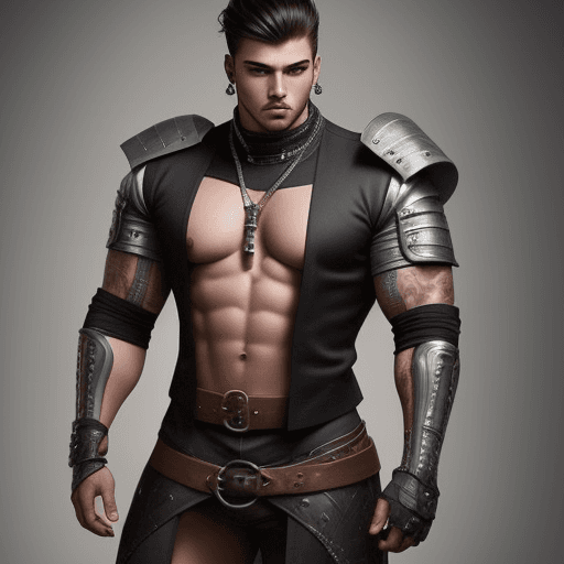 AI generated: hombre sensual con ropa medieval y futurista pero muy sexy que deja, con cuerpo musculado y bien for...