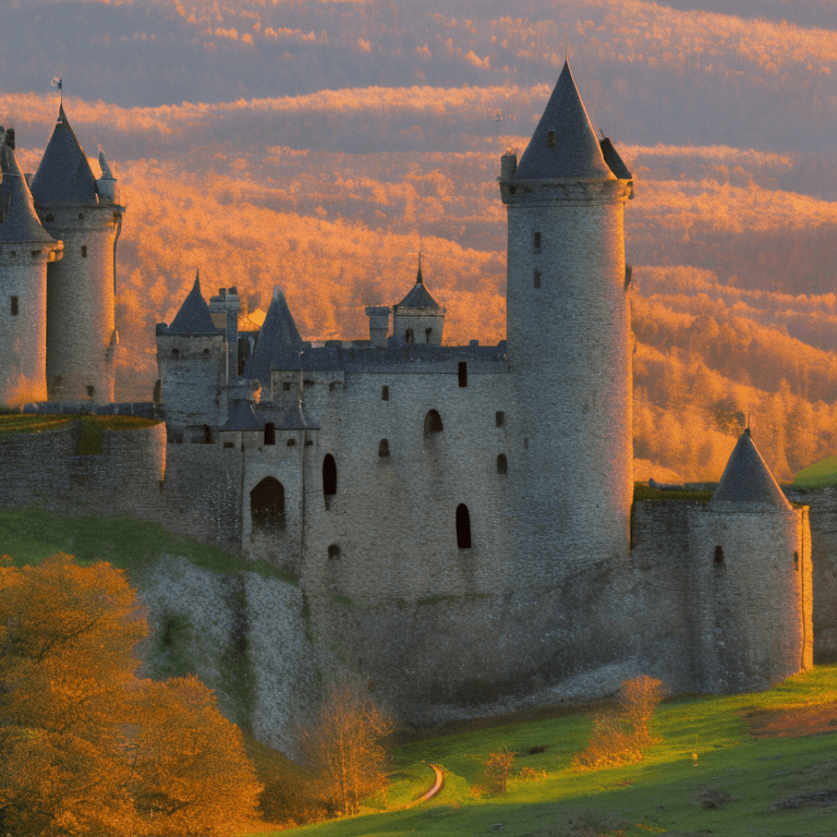 AI generated: High resolution photography of a medieval castle with stone walls extending to symmetrical large mos...