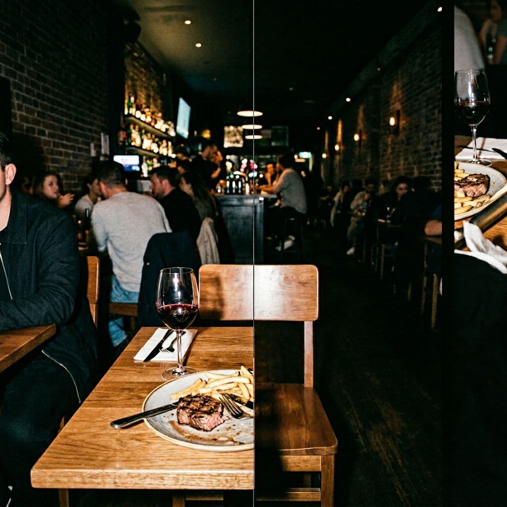 AI generated: restaurant interior with tables and chairs, photographed with harsh direct flash, urban nightlife re...