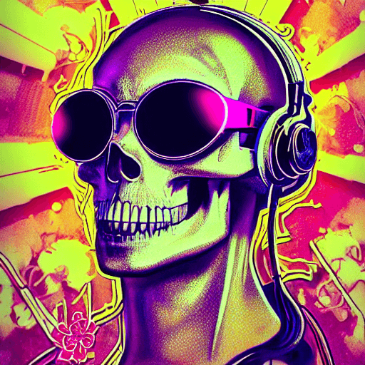 AI generated: nft style, cyberpunk, synthwave, a crystal skull with flowers | with cyberglasses neon, and earphone...