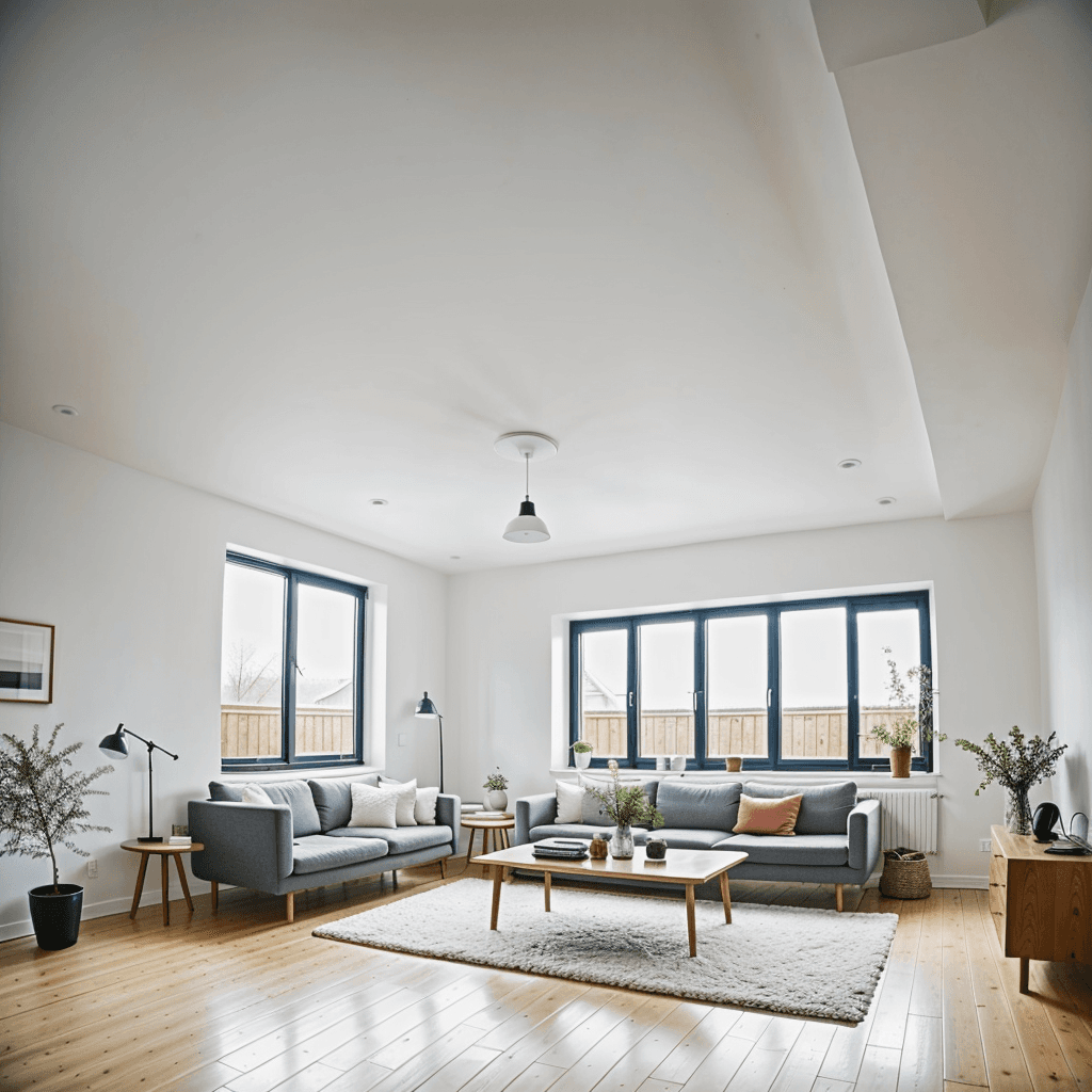 AI generated: interior design, scandinavian style, scandinavian design, white style, large living room, modular fu...