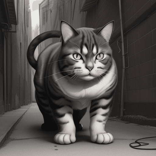 AI generated: Line drawing of a largish muscular cat with a large rip in one ear led down in an alley looking fier...