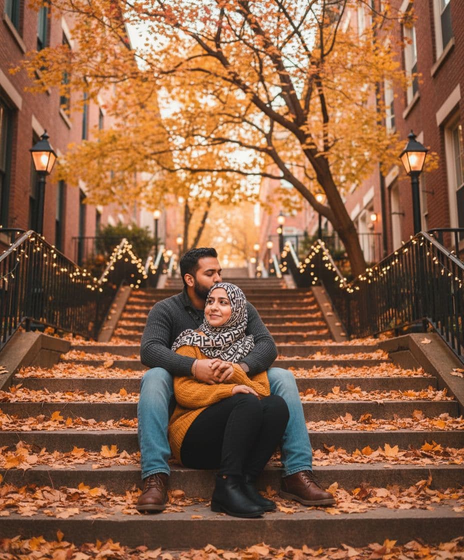 AI generated: A romantic couple (attached image as reference) sitting on outdoor stairs in autumn. The man, wearin...