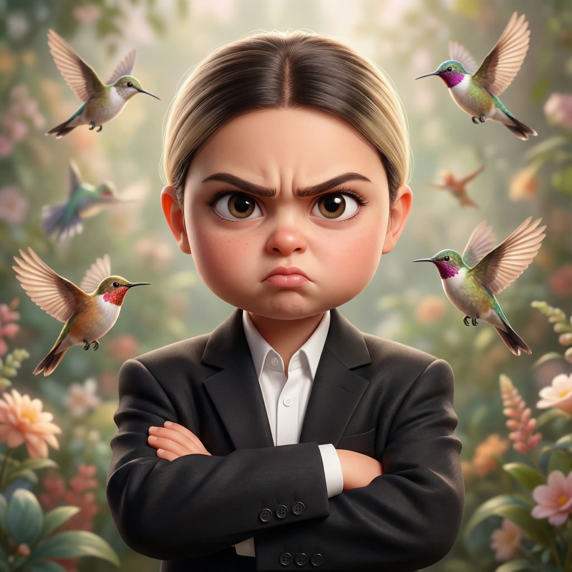 AI generated: a young girl in a business suit with a very angry expression, in the style of unreal engine 5, carto...