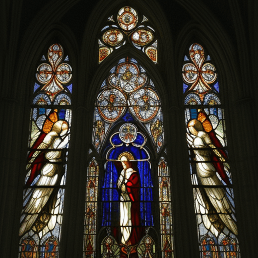AI generated: Beautifully illuminated stained glass window depicting the Holy Spirit in a Gothic cathedral, vibran...