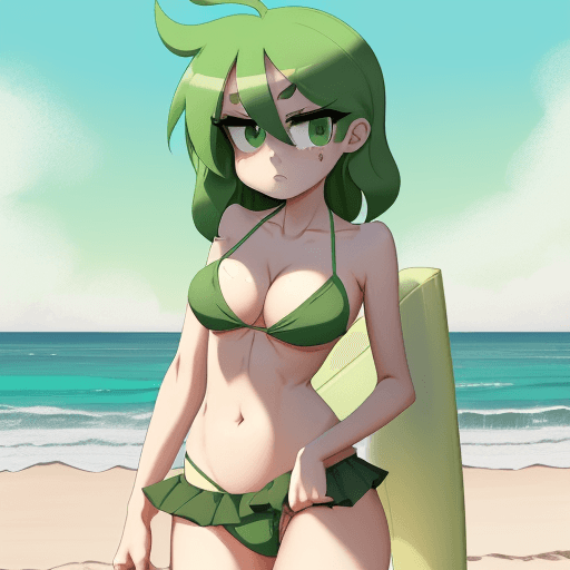 AI generated: flat art by (((diives) )), 1boy, 1girl, beach, bikini, bikini_aside, blush, breasts, clothed_sex, cl...