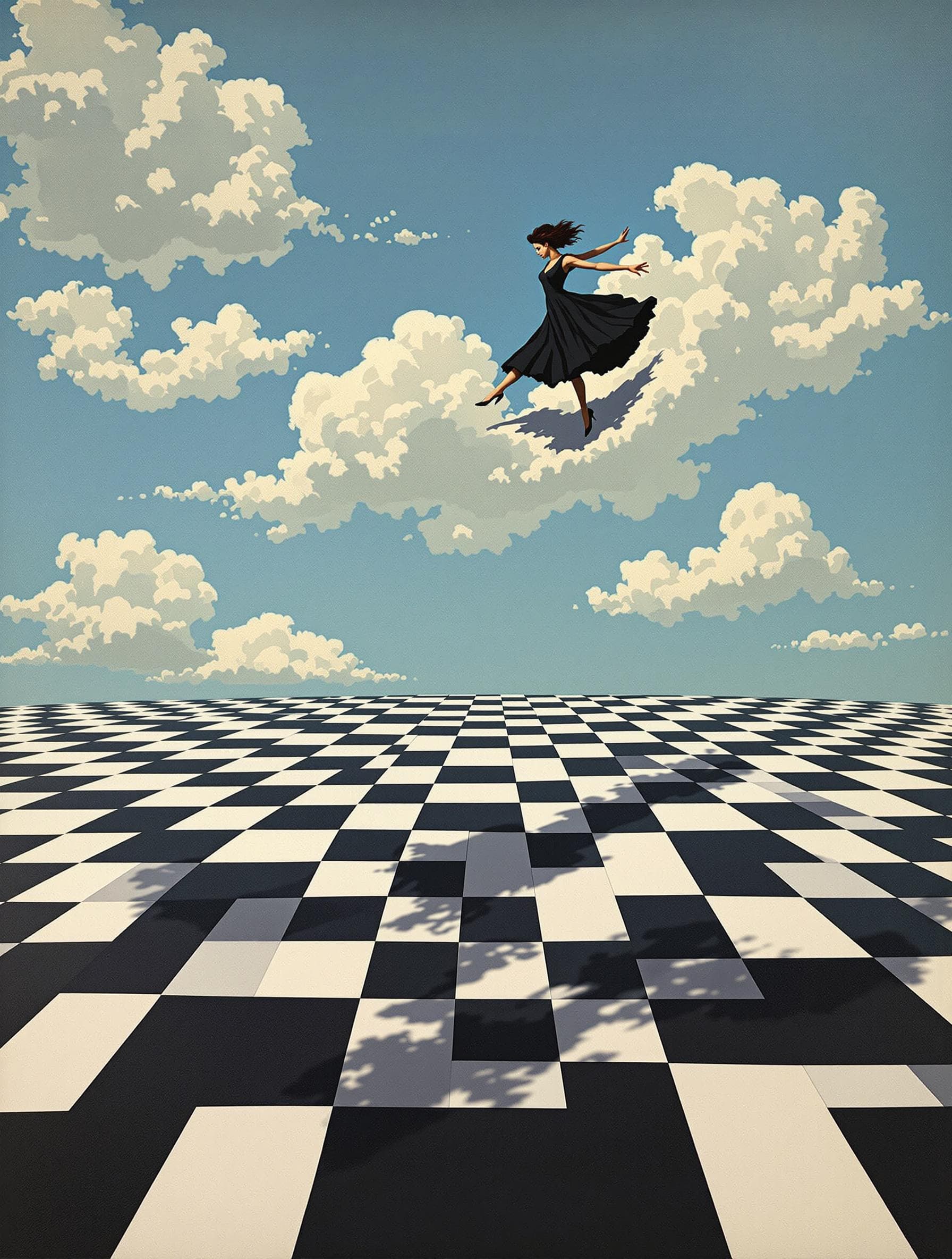 AI generated: A surrealist painting in the style of René Magritte shows a woman floating with the clouds across th...
