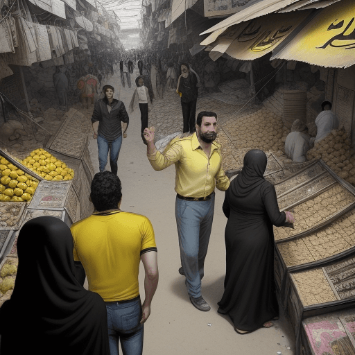 AI generated: A scene from a black and white comic book in a Baghdad market, a man with his wife in the middle of ...
