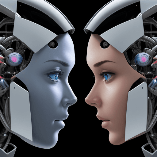 AI generated: Front view of the face of a half-human, half-machine robot with AI, with a side view of an AI-enhanc...