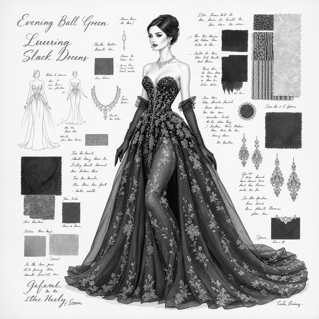 AI generated: A sophisticated fashion illustration of a graceful, elegant woman in a luxurious black evening ball ...