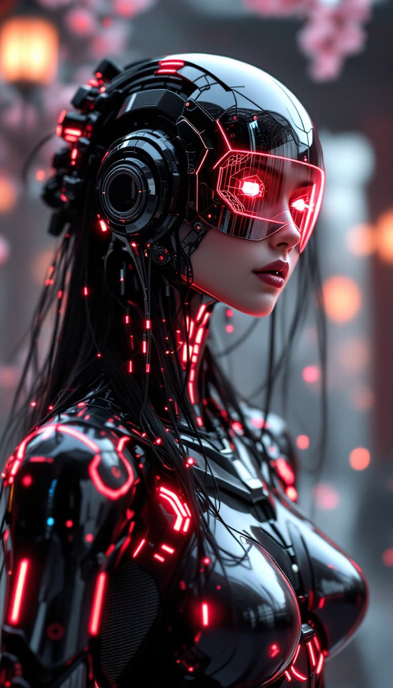 AI generated: In the style of ck-sfc, envision a female cyberpunk robot samurai with a mesmerizing robot face conc...