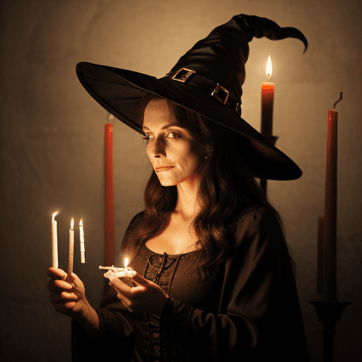 AI generated: A woman in a witch's hat is holding a candlestick with lit candles.