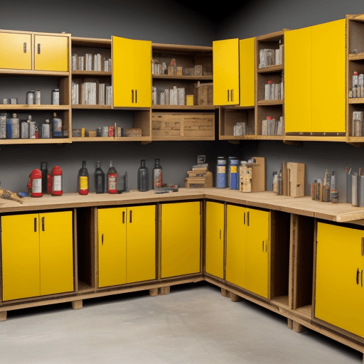 AI generated: a carpentry shop with an area where there are two safety cabinets for chemical products, cabinet A a...