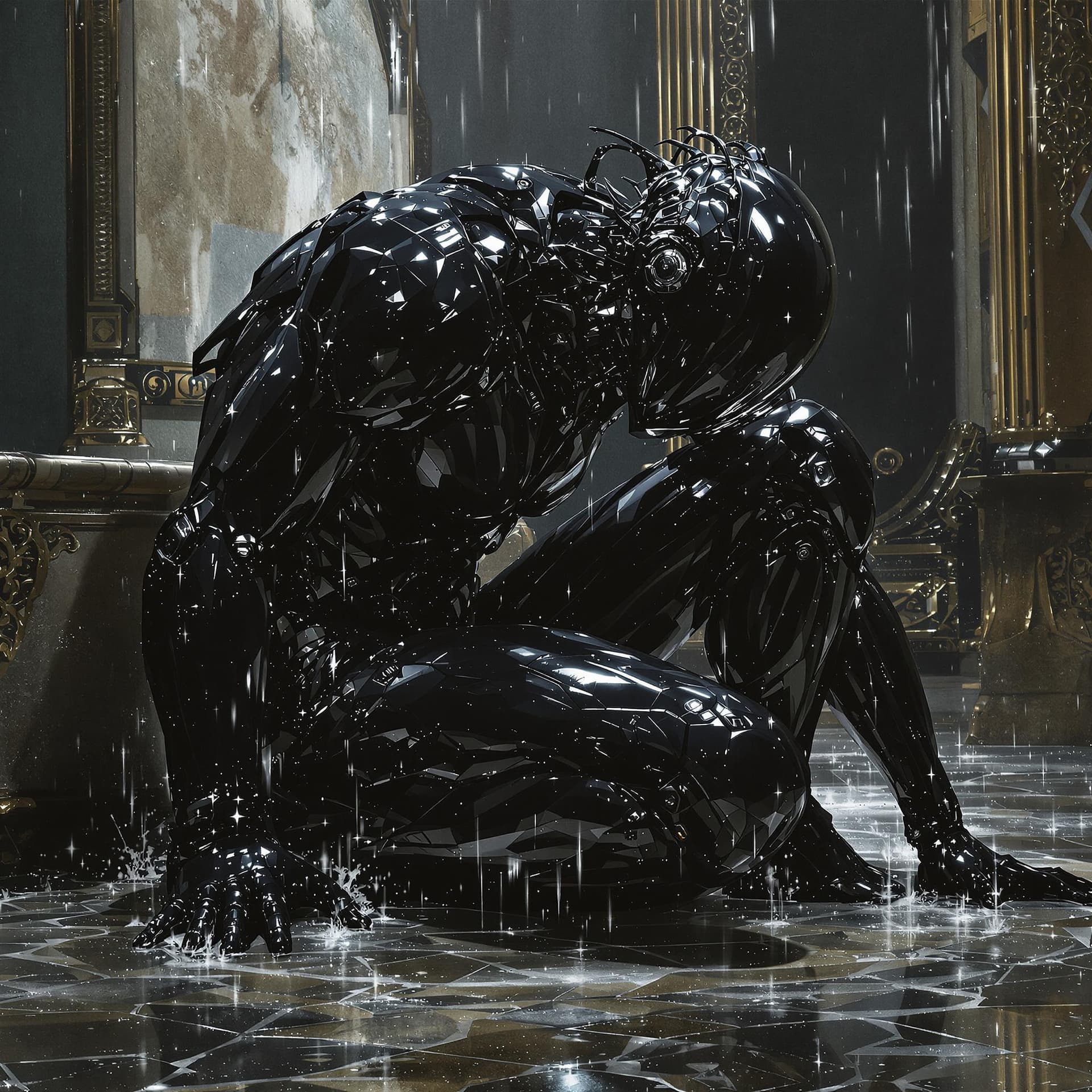 AI generated: Leaning forward,ebony, robotic brothel in buff smashing people, realism, wet, shiny, fantasy, intric...