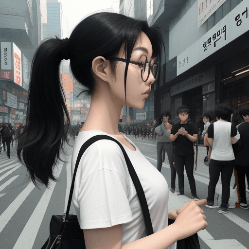 AI generated: photography, side view, upper-body, portray an innocent professional korean woman model standing aga...