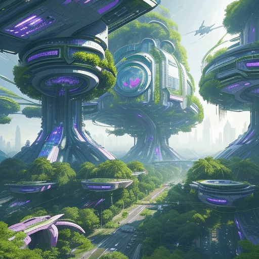 AI generated: a view of a city with a lot of trees and bushes, garden, a lot of flying objects , future city, in f...