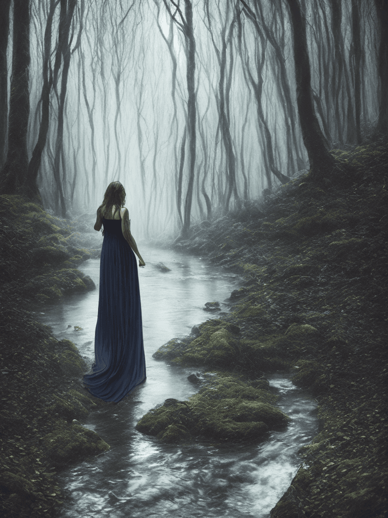 AI generated: enchanted forest, dark, moody, mystical, woman, walking through a stream, long dress