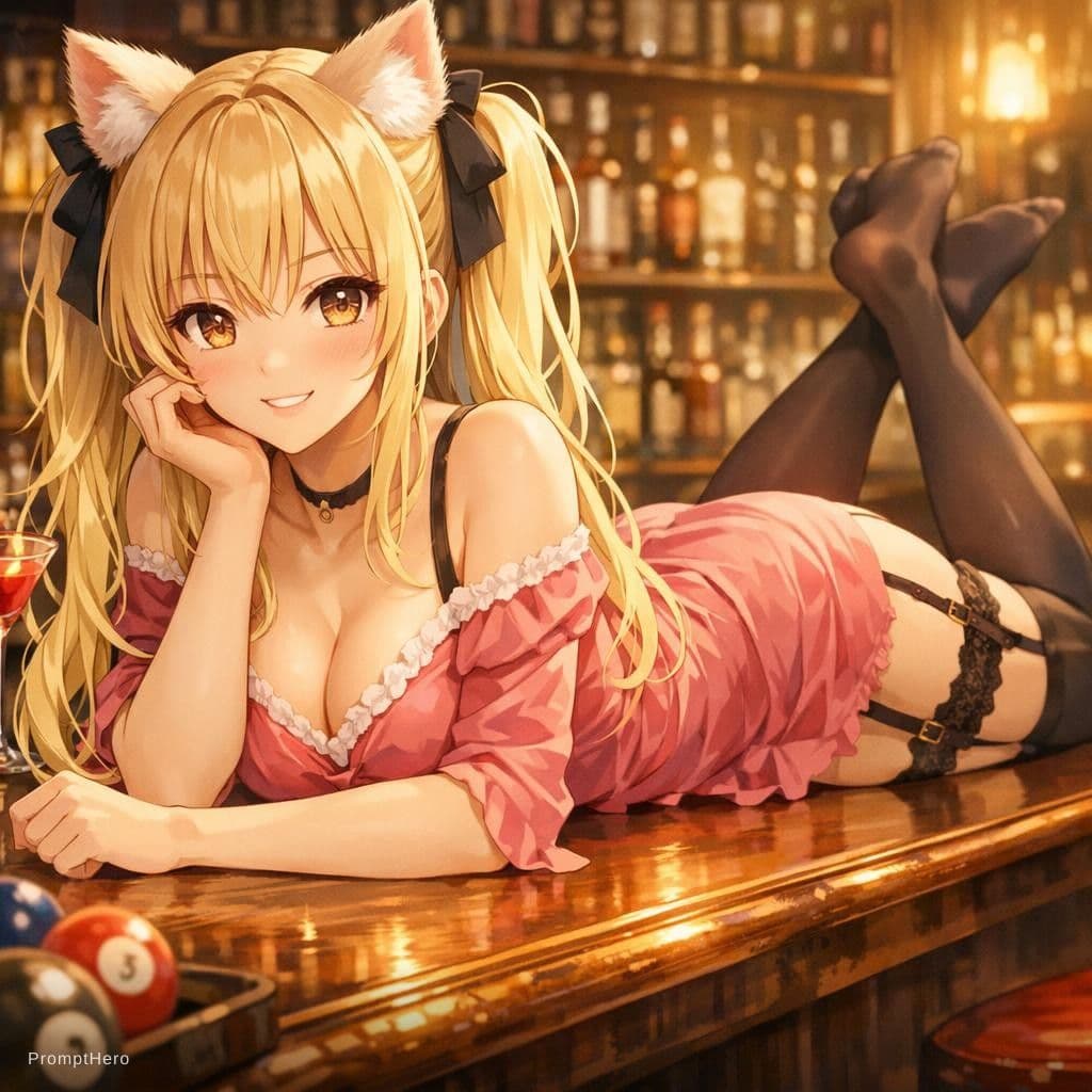 AI generated: best quality, masterpiece, source_anime, BREAK in bar, , solo , 1lady,mikokurokawa, blonde hair, twi...
