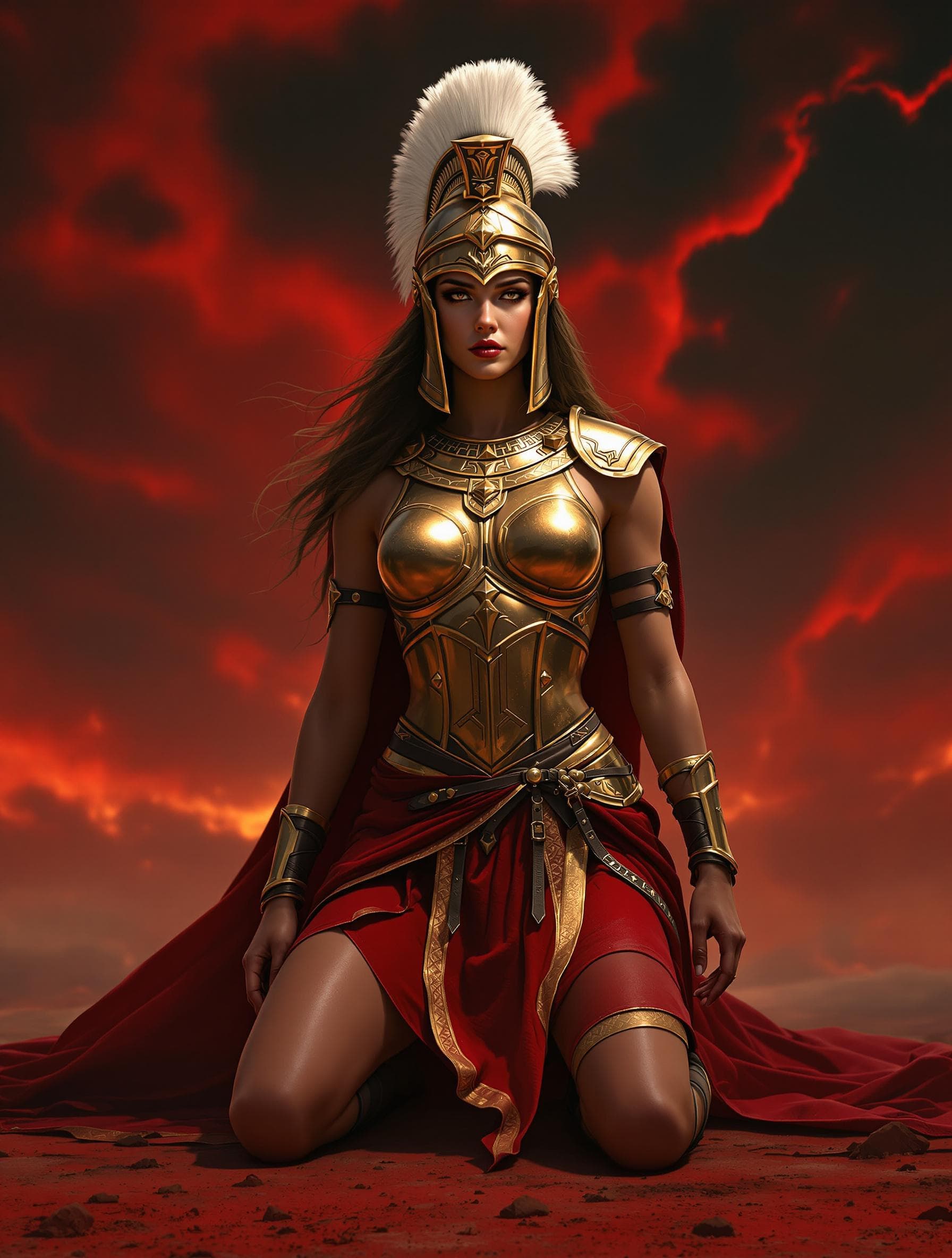 AI generated: Visualize an epic scene depicting a legendary female warrior from ancient times, standing resolute i...