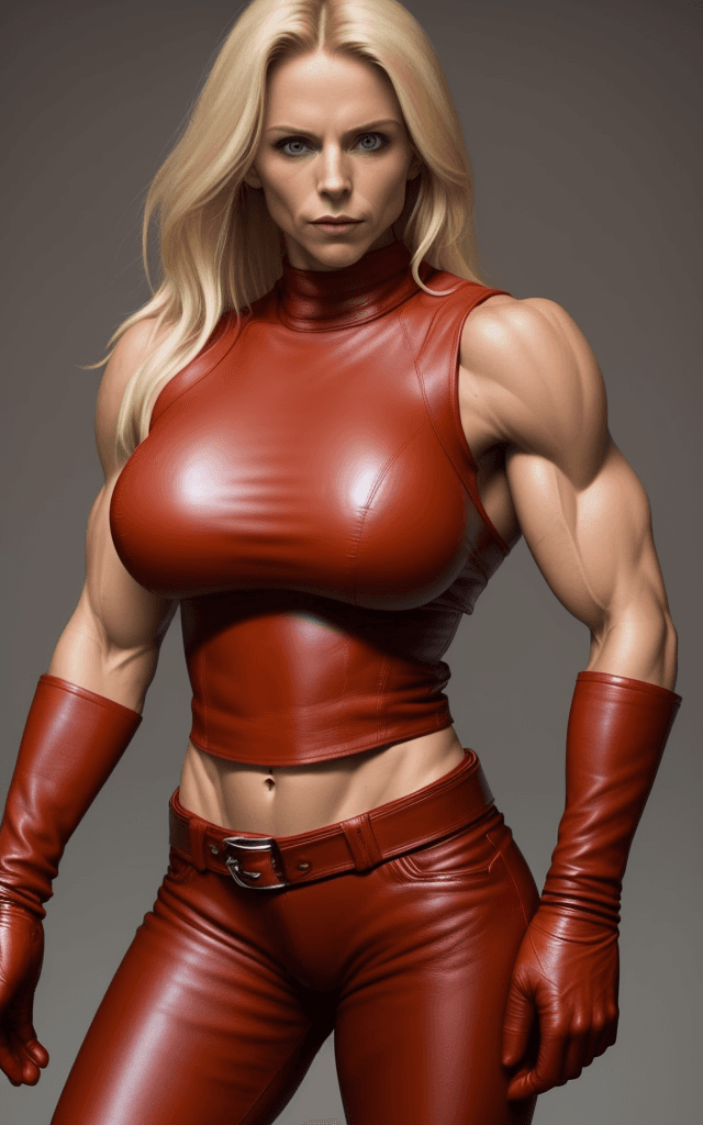 AI generated: 30 year old strong muscular woman, six pack,  toned biceps, long blonde hair, wears red Leather pant...